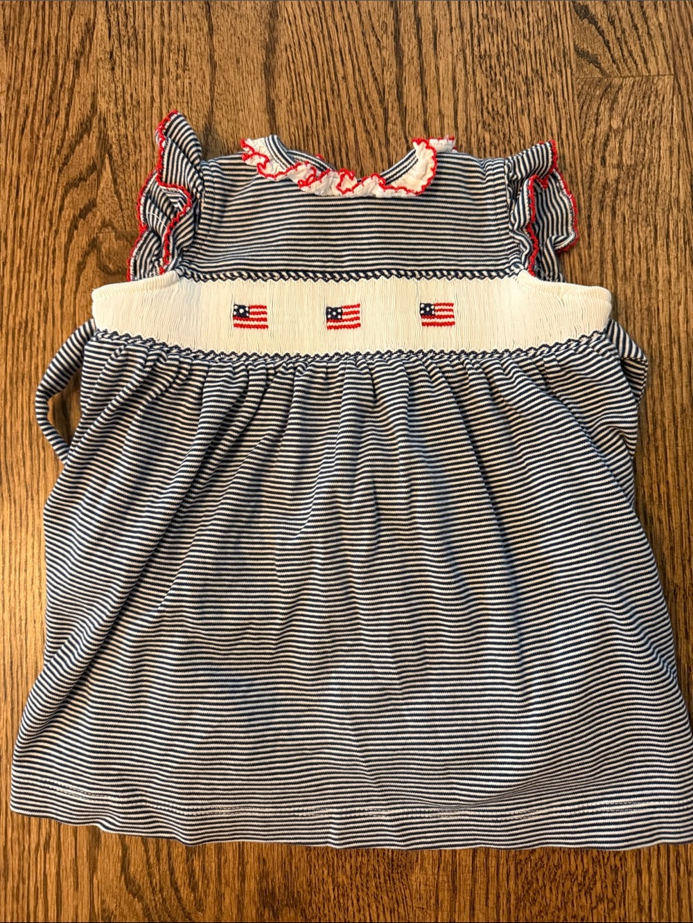 Girls Navy & White Striped Smocked Flag Dress with Red Trim